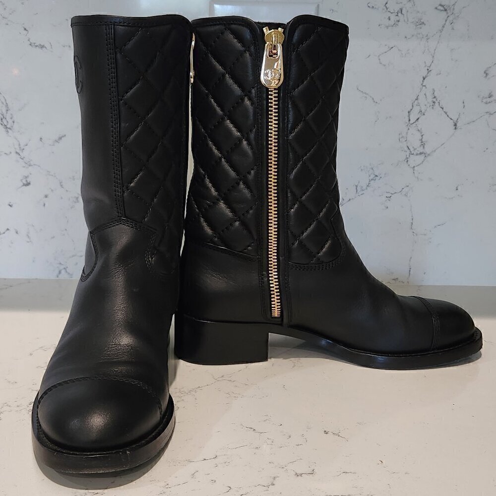 Chanel Mid-Calf Quilted Black Leather Boots, Authentic